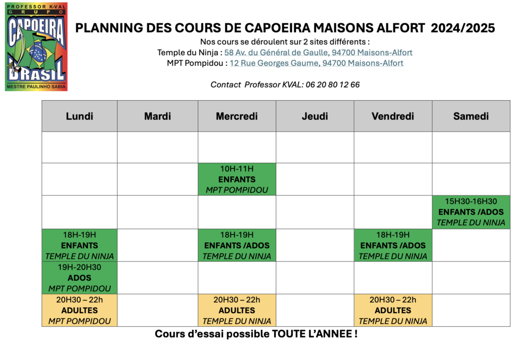 planning des cours de capoeira à maisons alfort